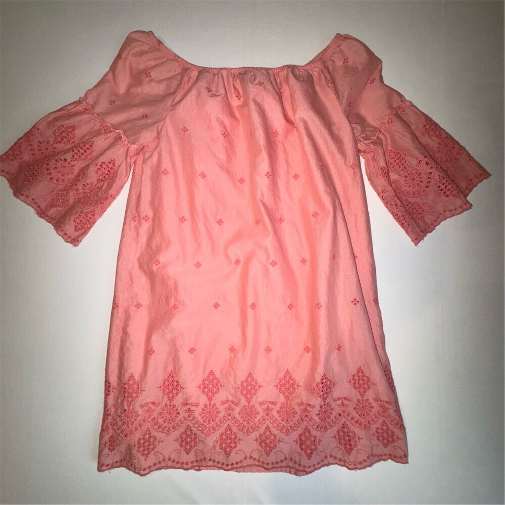 St. John's Bay Dress M Orange Peach Eyelet Embroidered Off Shoulder Boho Cottage